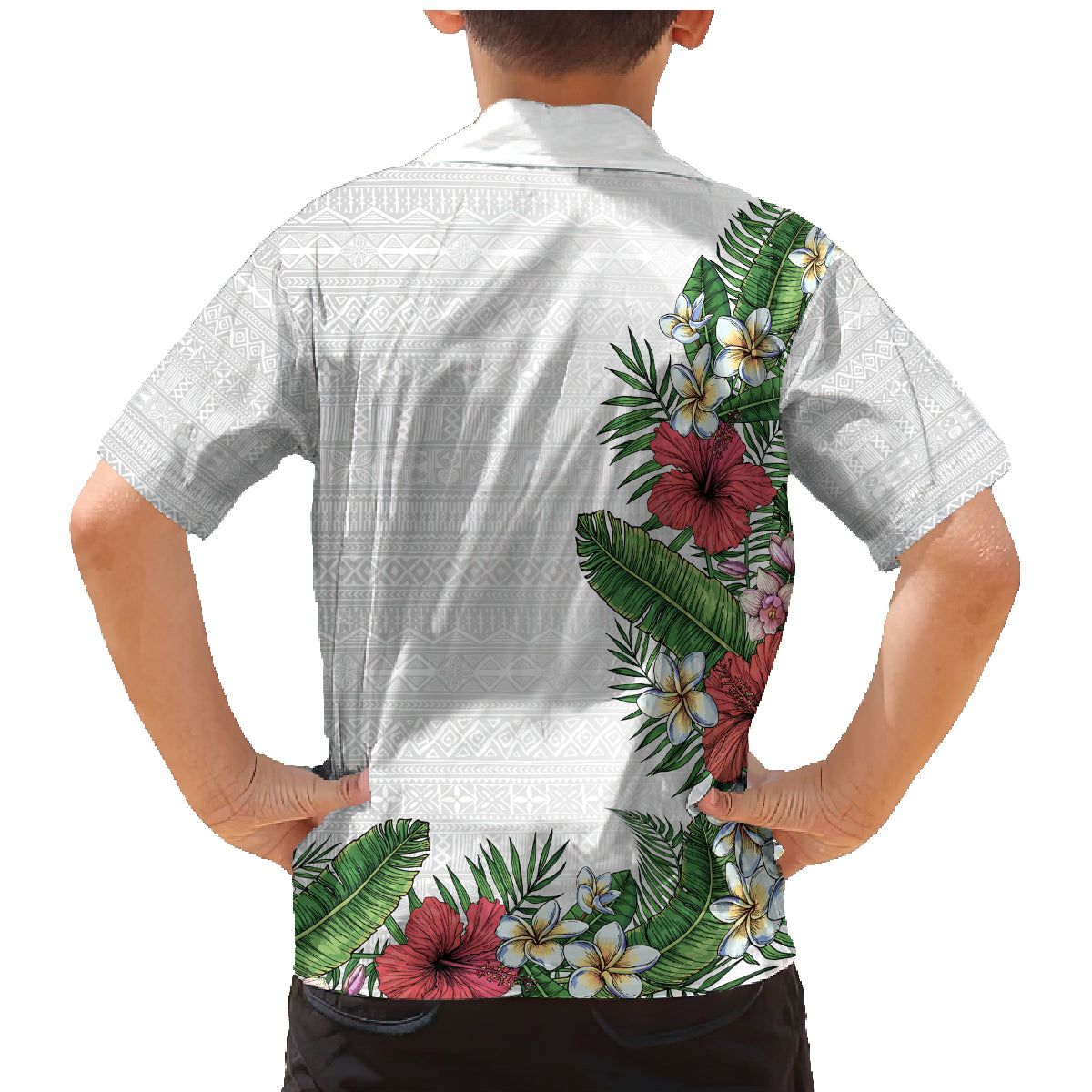 Hawaii Tropical Flowers and Leaves Family Matching Mermaid Dress and Hawaiian Shirt Tapa Pattern White Mode LT03 - Polynesian Pride