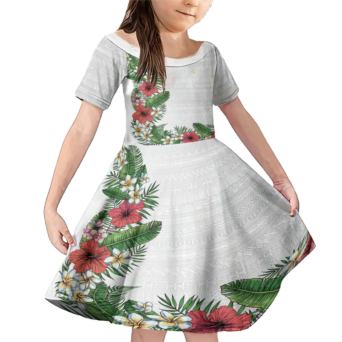 Hawaii Tropical Flowers and Leaves Family Matching Mermaid Dress and Hawaiian Shirt Tapa Pattern White Mode LT03 Daughter's Dress White - Polynesian Pride
