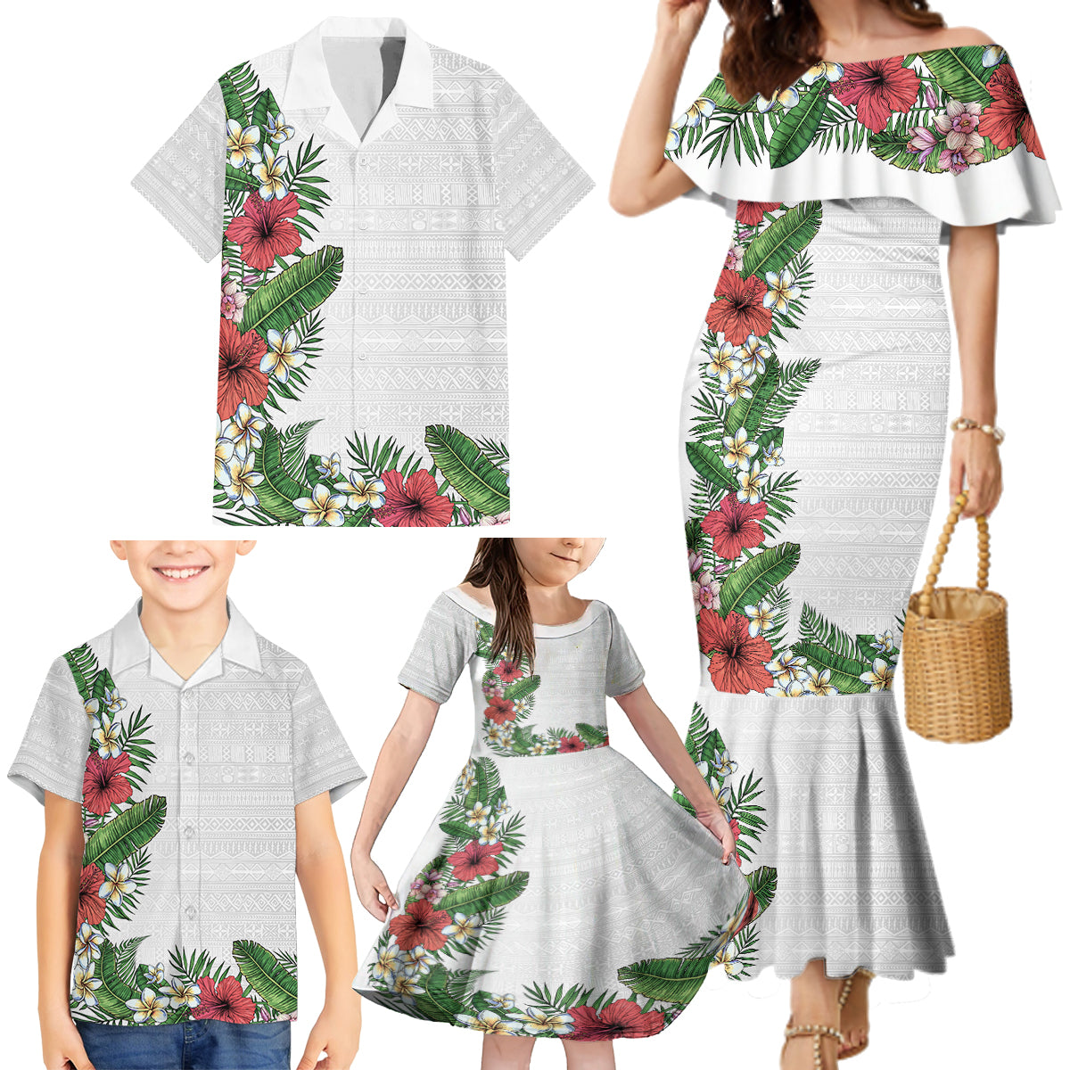 Hawaii Tropical Flowers and Leaves Family Matching Mermaid Dress and Hawaiian Shirt Tapa Pattern White Mode LT03 - Polynesian Pride