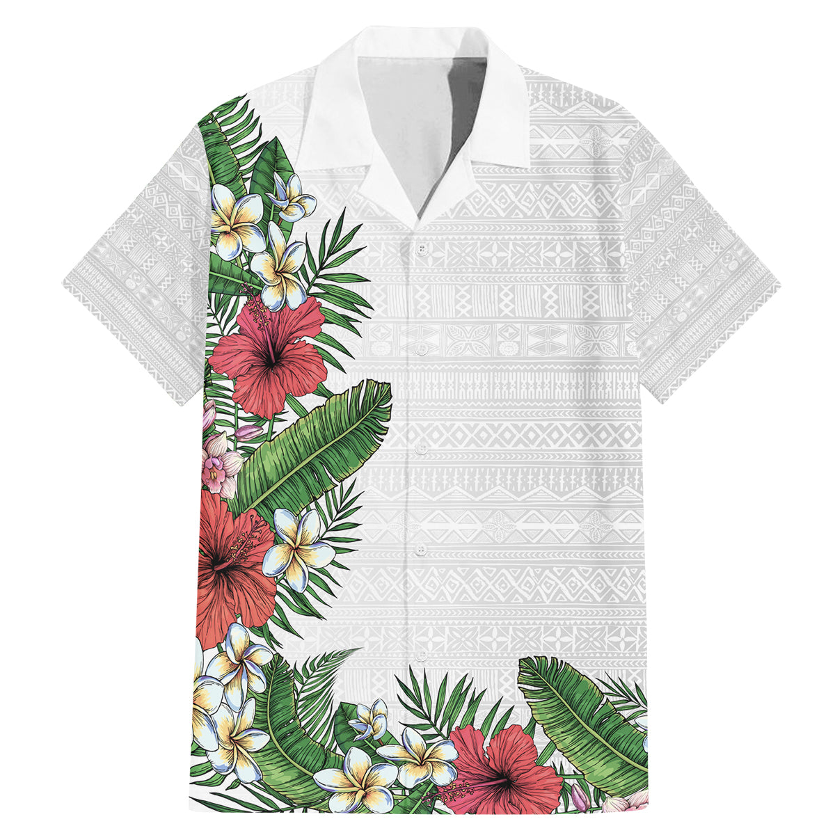 Hawaii Tropical Flowers and Leaves Family Matching Mermaid Dress and Hawaiian Shirt Tapa Pattern White Mode LT03 Dad's Shirt - Short Sleeve White - Polynesian Pride