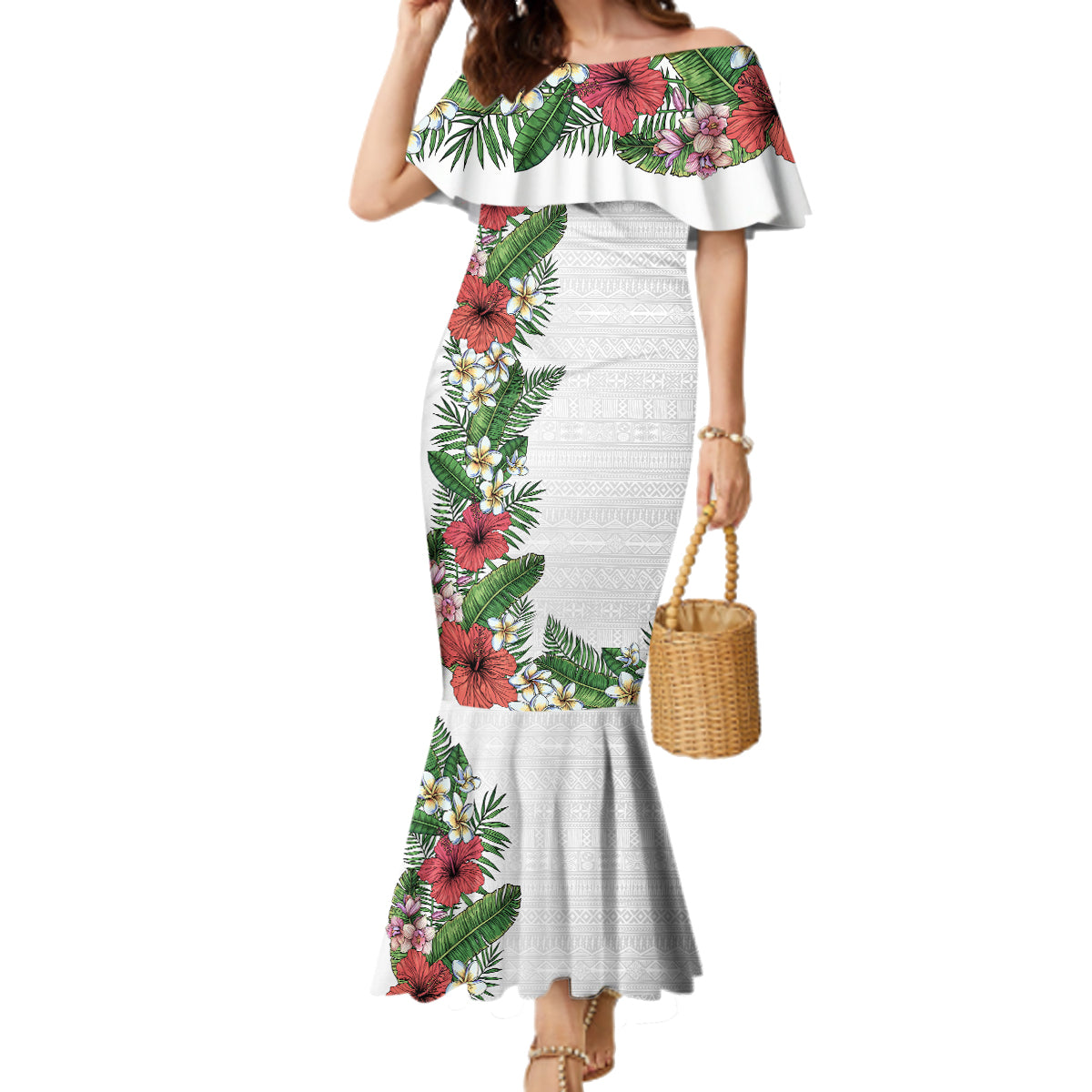 Hawaii Tropical Flowers and Leaves Family Matching Mermaid Dress and Hawaiian Shirt Tapa Pattern White Mode LT03 Mom's Dress White - Polynesian Pride