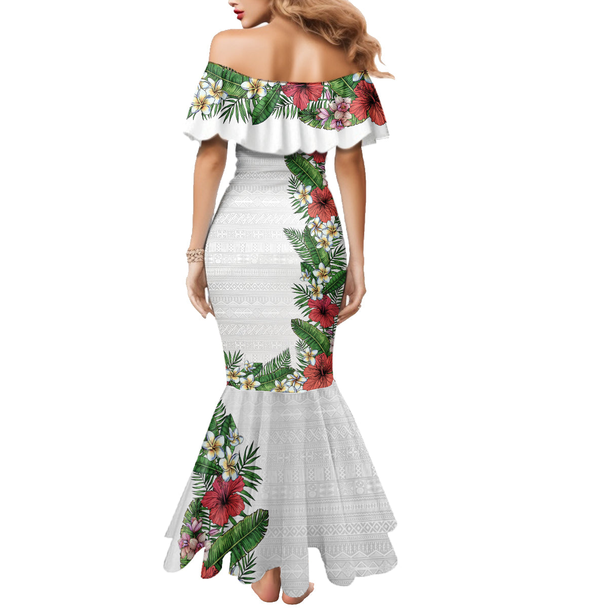 Hawaii Tropical Flowers and Leaves Family Matching Mermaid Dress and Hawaiian Shirt Tapa Pattern White Mode LT03 - Polynesian Pride