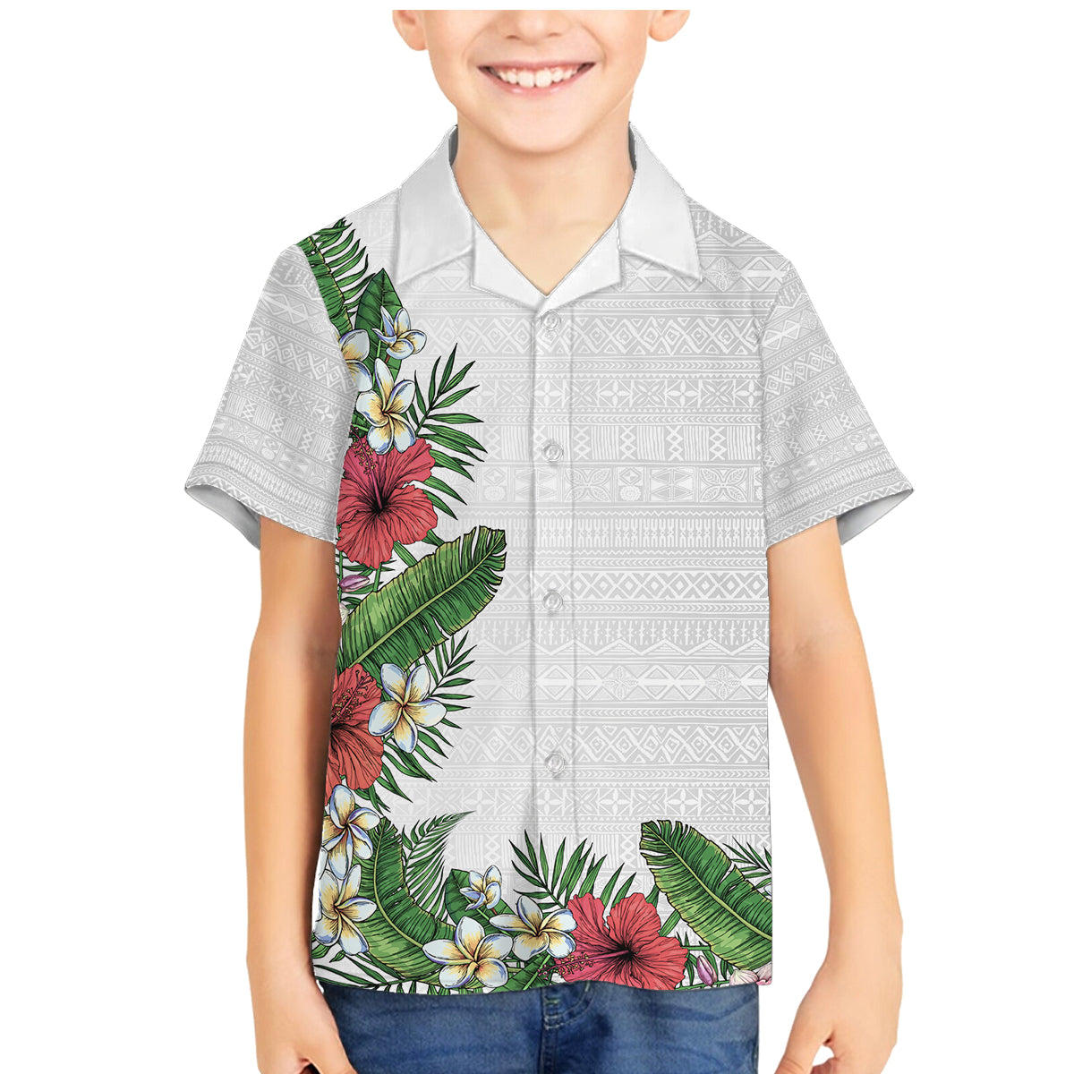 Hawaii Tropical Flowers and Leaves Family Matching Mermaid Dress and Hawaiian Shirt Tapa Pattern White Mode LT03 Son's Shirt White - Polynesian Pride