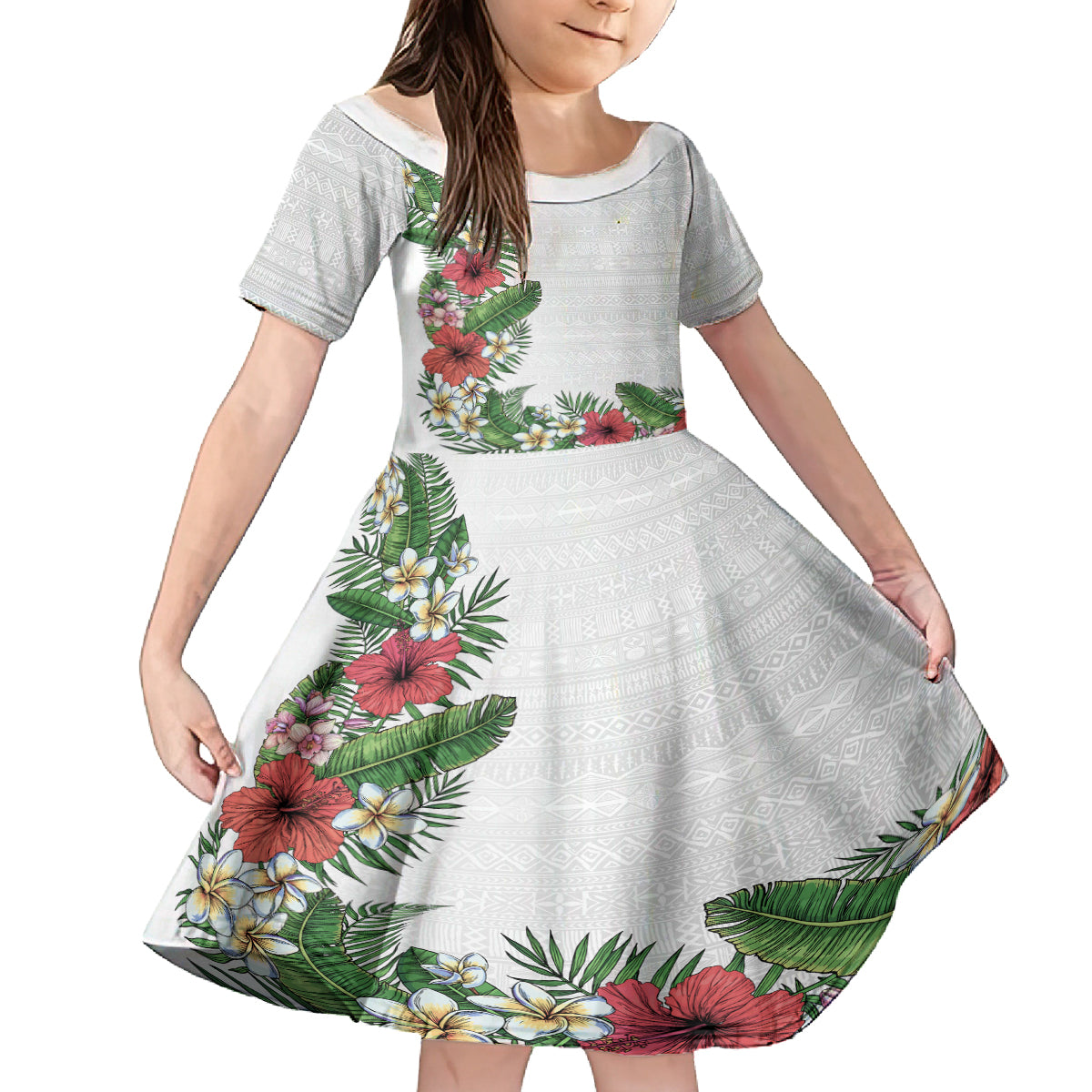 Hawaii Tropical Flowers and Leaves Family Matching Off Shoulder Maxi Dress and Hawaiian Shirt Tapa Pattern White Mode LT03 Daughter's Dress White - Polynesian Pride