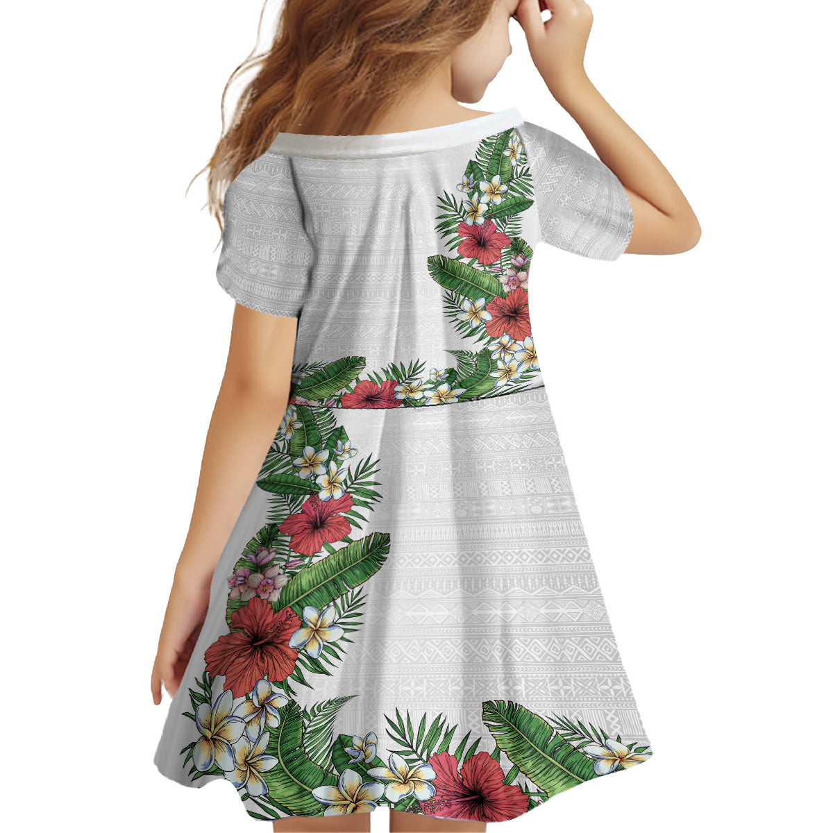 Hawaii Tropical Flowers and Leaves Family Matching Off Shoulder Maxi Dress and Hawaiian Shirt Tapa Pattern White Mode LT03 - Polynesian Pride