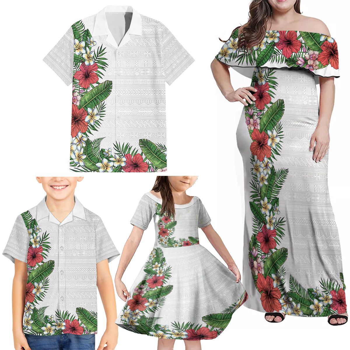 Hawaii Tropical Flowers and Leaves Family Matching Off Shoulder Maxi Dress and Hawaiian Shirt Tapa Pattern White Mode LT03 - Polynesian Pride