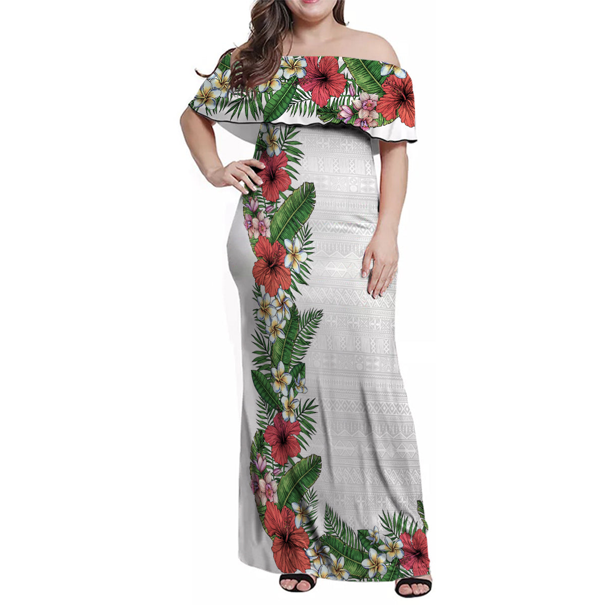 Hawaii Tropical Flowers and Leaves Family Matching Off Shoulder Maxi Dress and Hawaiian Shirt Tapa Pattern White Mode LT03 Mom's Dress White - Polynesian Pride