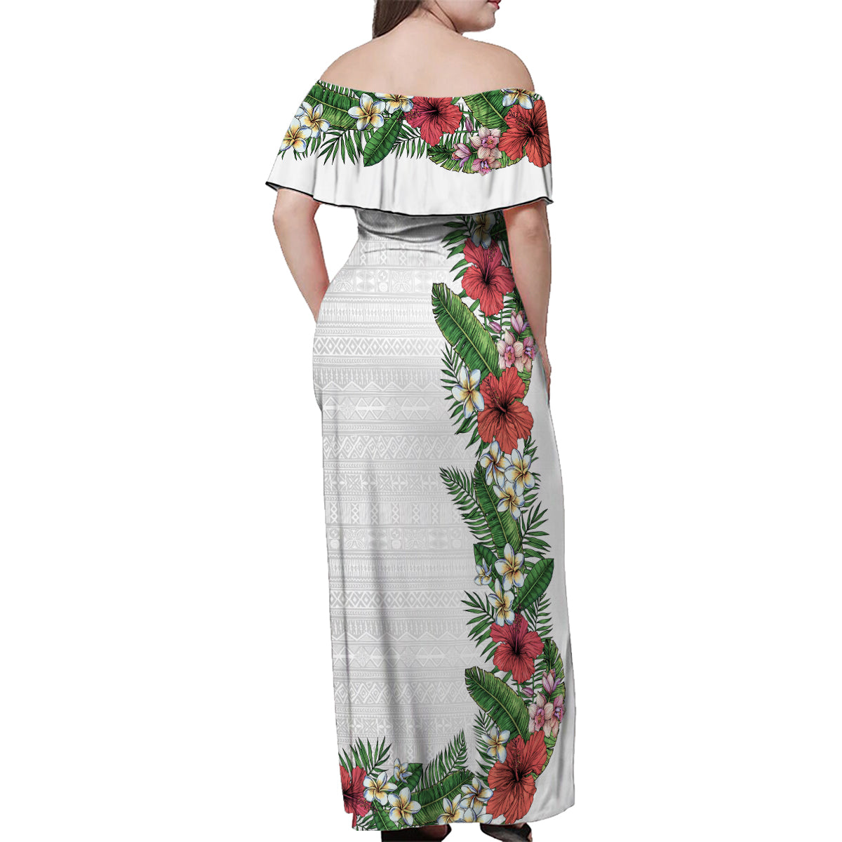 Hawaii Tropical Flowers and Leaves Family Matching Off Shoulder Maxi Dress and Hawaiian Shirt Tapa Pattern White Mode LT03 - Polynesian Pride