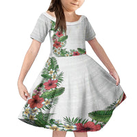 Hawaii Tropical Flowers and Leaves Family Matching Puletasi and Hawaiian Shirt Tapa Pattern White Mode LT03 Daughter's Dress White - Polynesian Pride