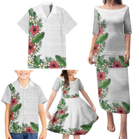 Hawaii Tropical Flowers and Leaves Family Matching Puletasi and Hawaiian Shirt Tapa Pattern White Mode LT03 - Polynesian Pride