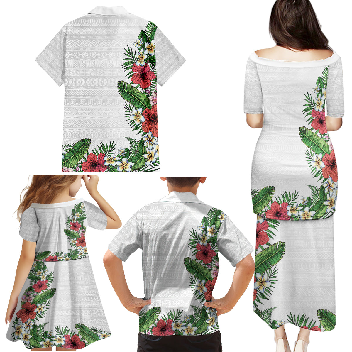 Hawaii Tropical Flowers and Leaves Family Matching Puletasi and Hawaiian Shirt Tapa Pattern White Mode LT03 - Polynesian Pride