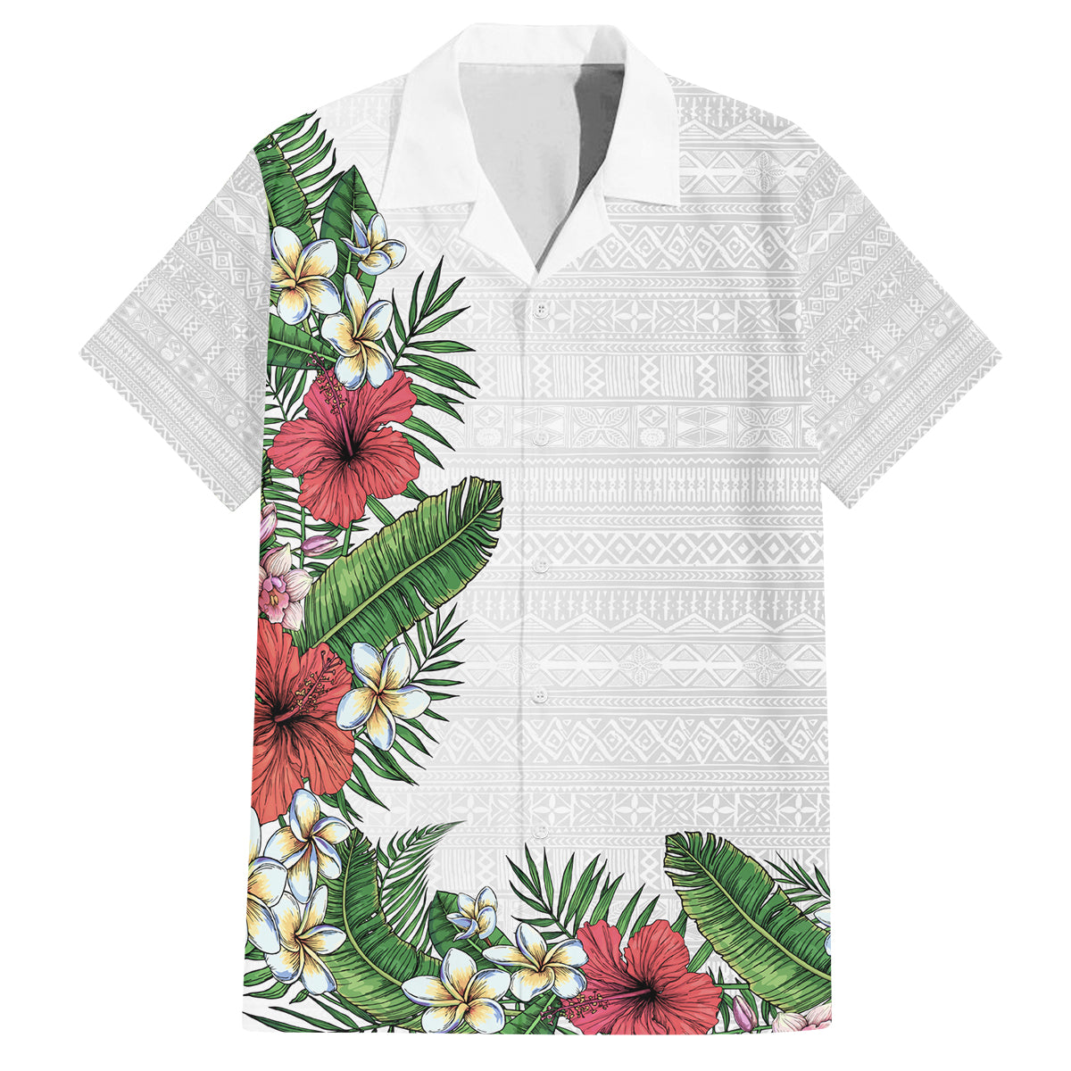 Hawaii Tropical Flowers and Leaves Family Matching Puletasi and Hawaiian Shirt Tapa Pattern White Mode LT03 Dad's Shirt - Short Sleeve White - Polynesian Pride
