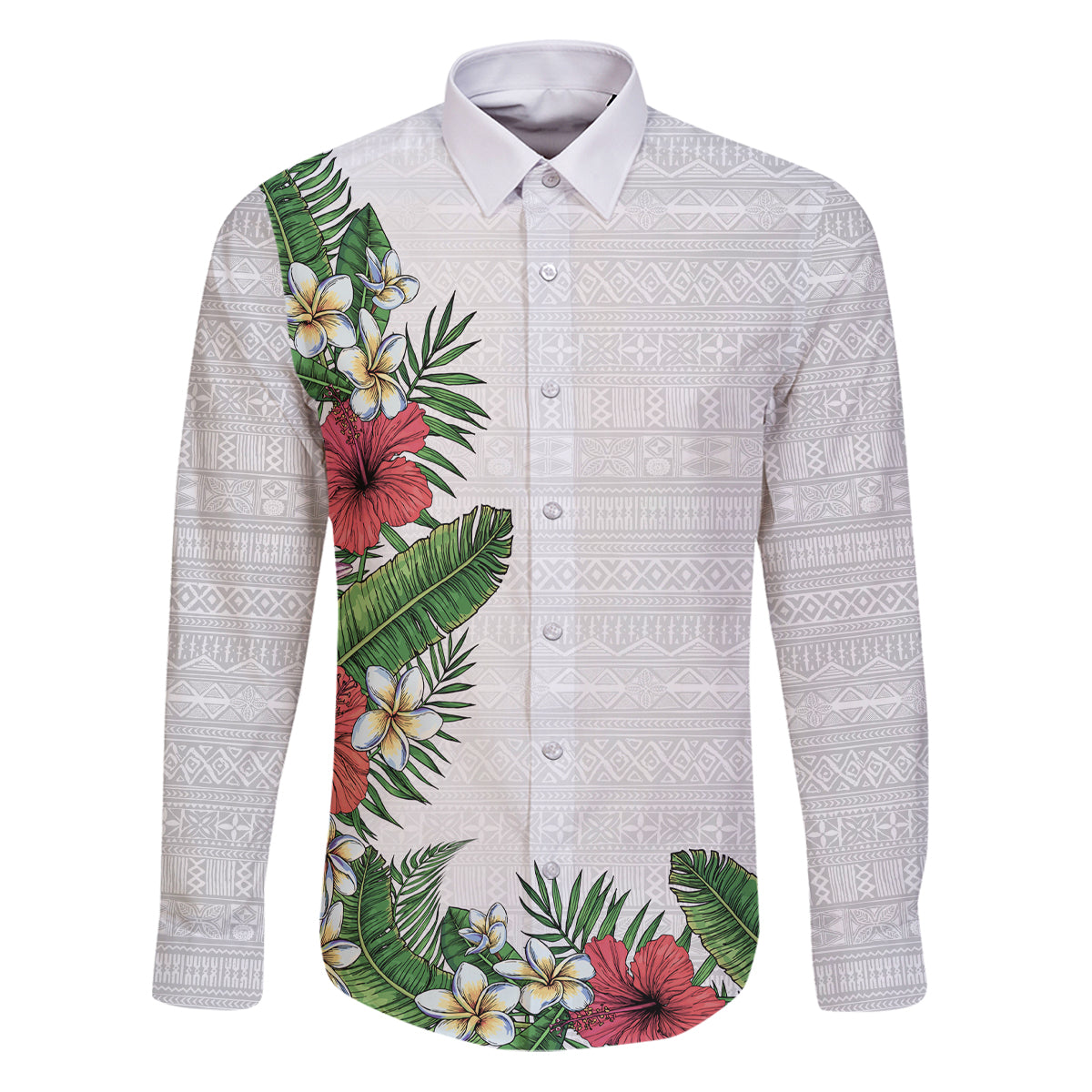 Hawaii Tropical Flowers and Leaves Family Matching Puletasi and Hawaiian Shirt Tapa Pattern White Mode LT03 Dad's Shirt - Long Sleeve White - Polynesian Pride