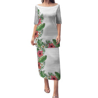 Hawaii Tropical Flowers and Leaves Family Matching Puletasi and Hawaiian Shirt Tapa Pattern White Mode LT03 Mom's Dress White - Polynesian Pride
