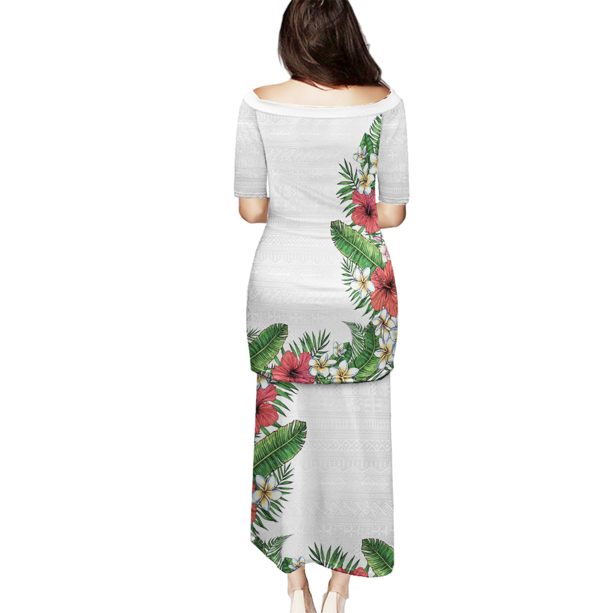 Hawaii Tropical Flowers and Leaves Family Matching Puletasi and Hawaiian Shirt Tapa Pattern White Mode LT03 - Polynesian Pride