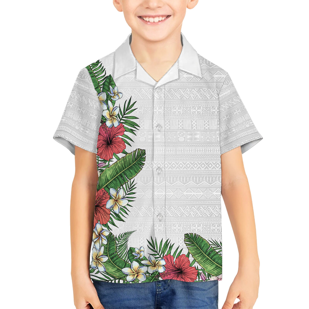 Hawaii Tropical Flowers and Leaves Family Matching Puletasi and Hawaiian Shirt Tapa Pattern White Mode LT03 Son's Shirt White - Polynesian Pride