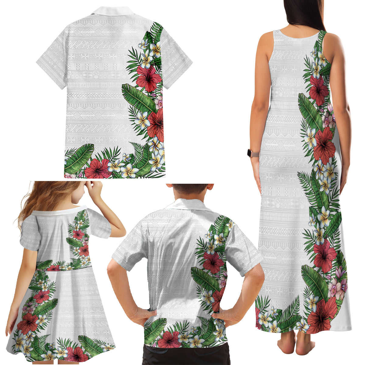 Hawaii Tropical Flowers and Leaves Family Matching Tank Maxi Dress and Hawaiian Shirt Tapa Pattern White Mode