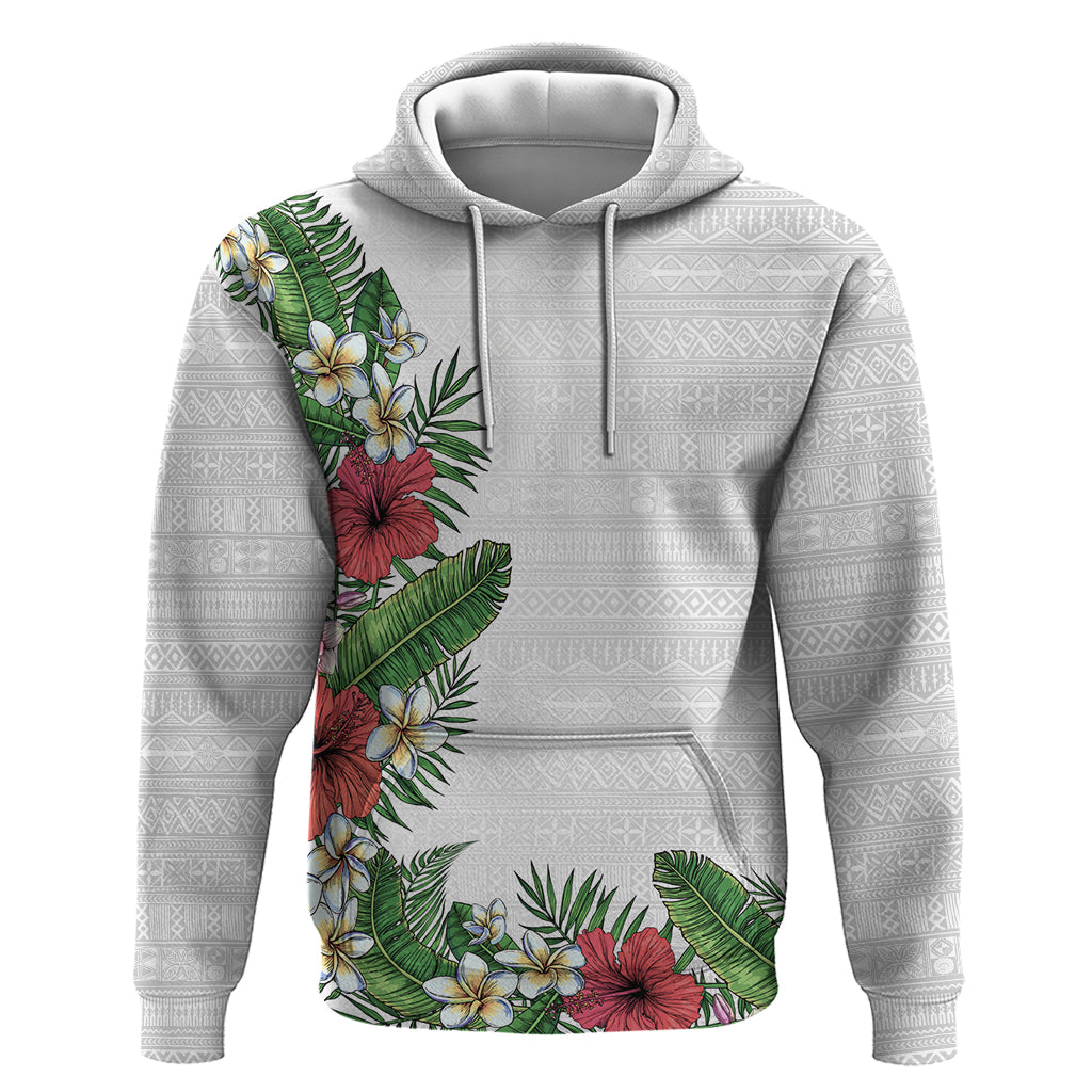 Hawaii Tropical Flowers and Leaves Hoodie Tapa Pattern White Mode LT03 Pullover Hoodie White - Polynesian Pride