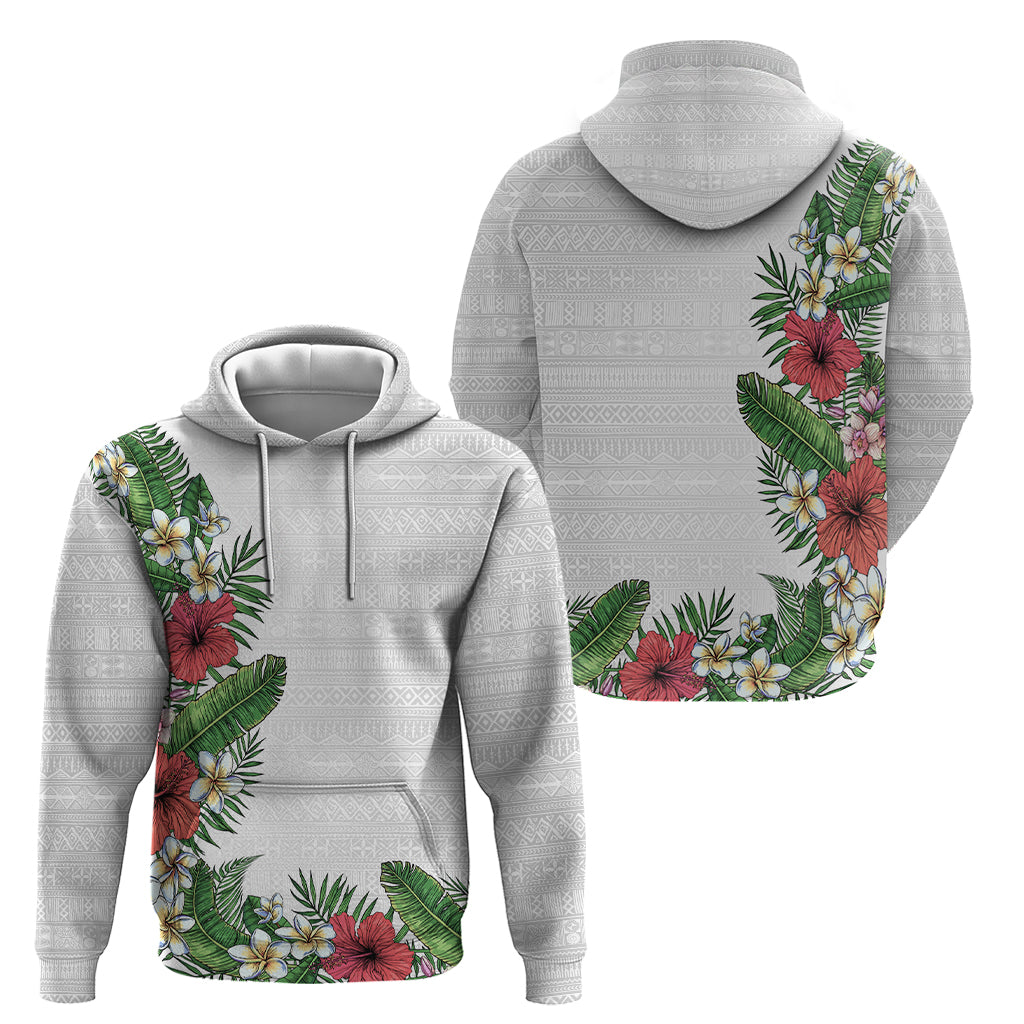 Hawaii Tropical Flowers and Leaves Hoodie Tapa Pattern White Mode LT03 - Polynesian Pride
