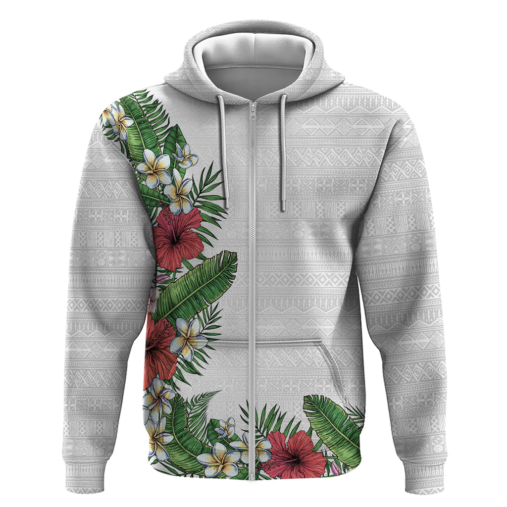 Hawaii Tropical Flowers and Leaves Hoodie Tapa Pattern White Mode LT03 Zip Hoodie White - Polynesian Pride
