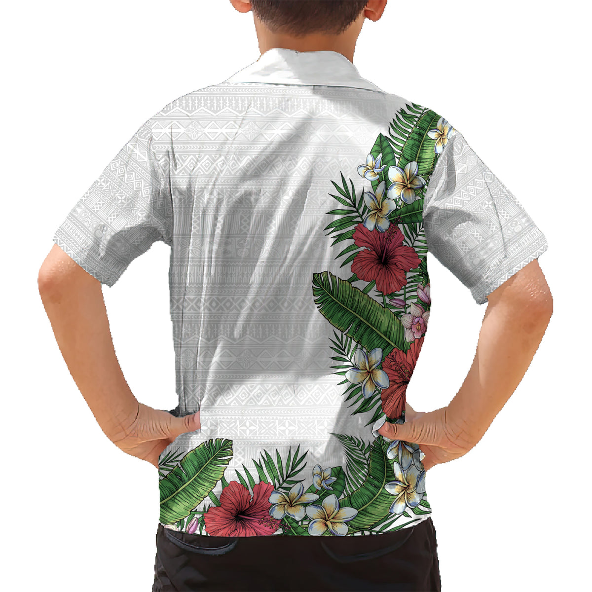 Hawaii Tropical Flowers and Leaves Kid Hawaiian Shirt Tapa Pattern White Mode