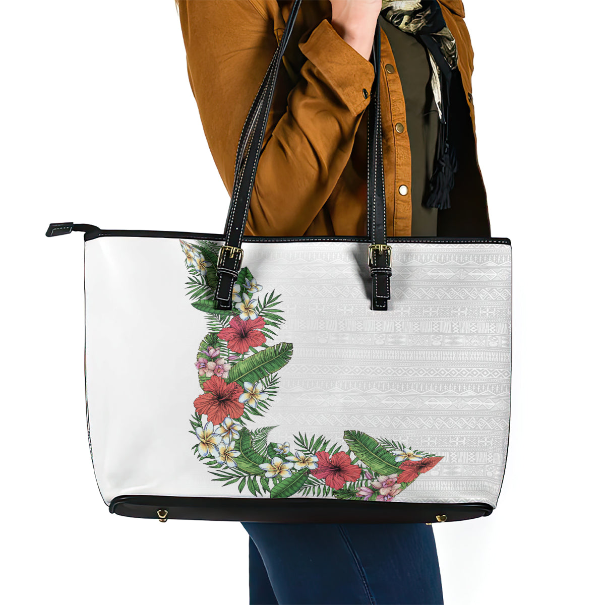 Hawaii Tropical Flowers and Leaves Leather Tote Bag Tapa Pattern White Mode LT03 - Polynesian Pride