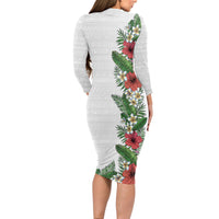 Hawaii Tropical Flowers and Leaves Long Sleeve Bodycon Dress Tapa Pattern White Mode LT03 - Polynesian Pride