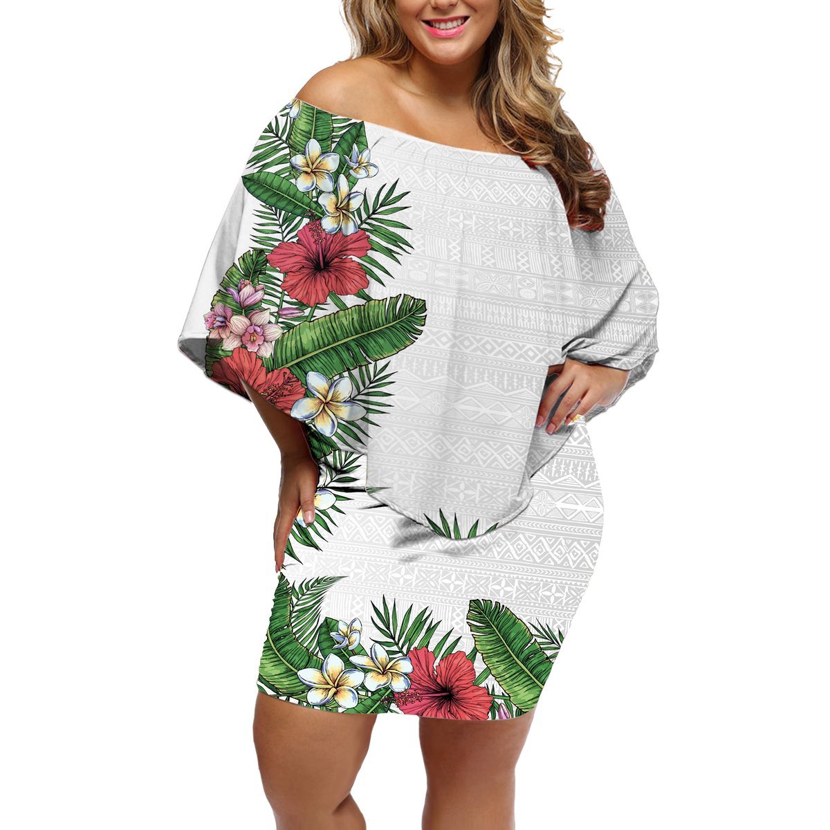 Hawaii Tropical Flowers and Leaves Off Shoulder Short Dress Tapa Pattern White Mode LT03 Women White - Polynesian Pride