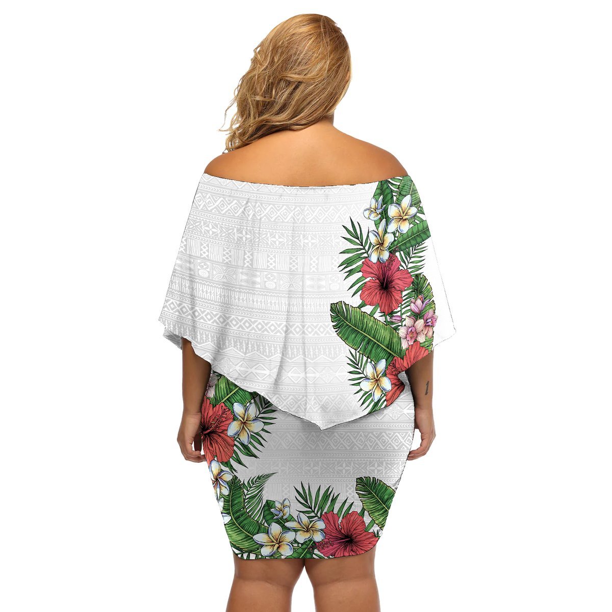 Hawaii Tropical Flowers and Leaves Off Shoulder Short Dress Tapa Pattern White Mode LT03 - Polynesian Pride