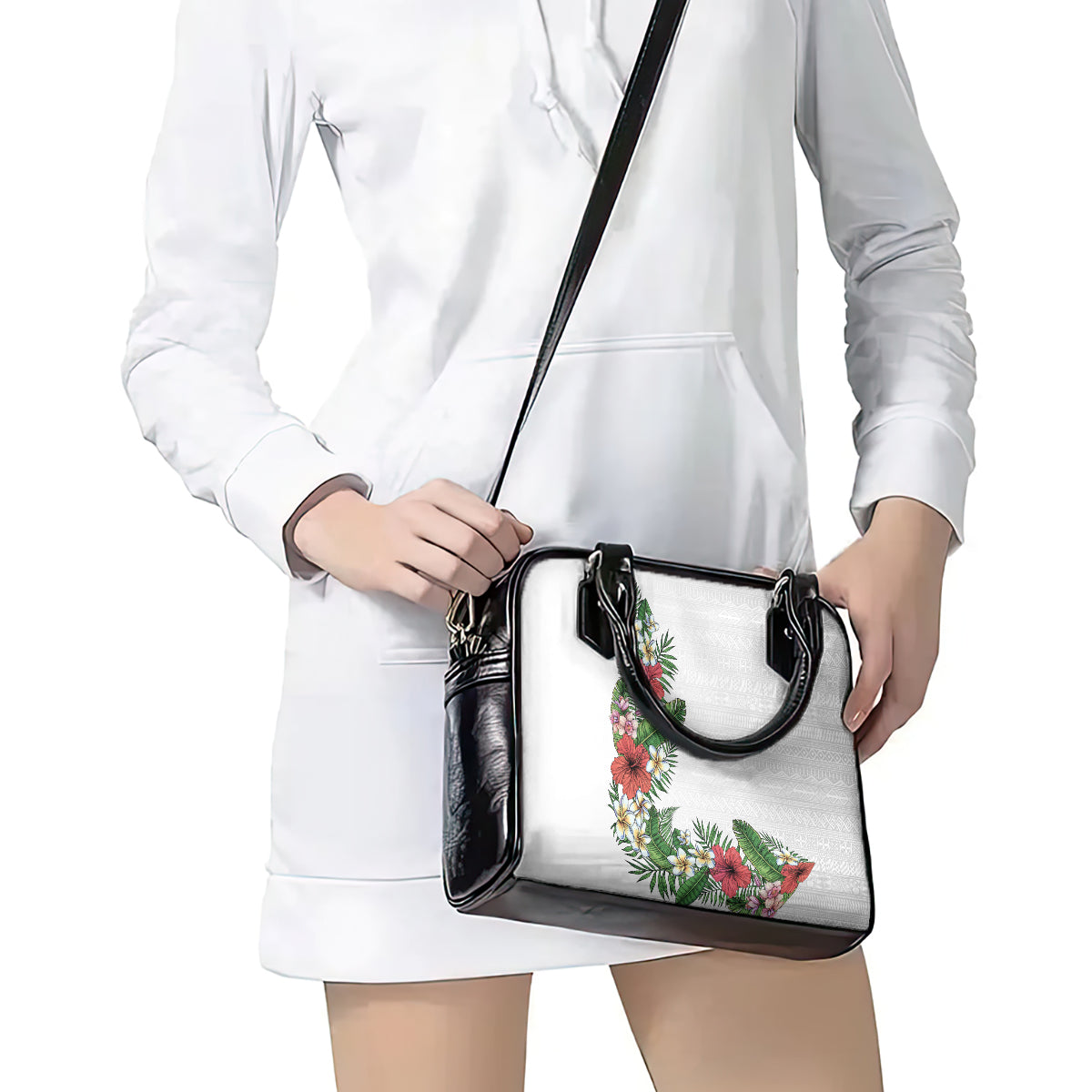 Hawaii Tropical Flowers and Leaves Shoulder Handbag Tapa Pattern White Mode
