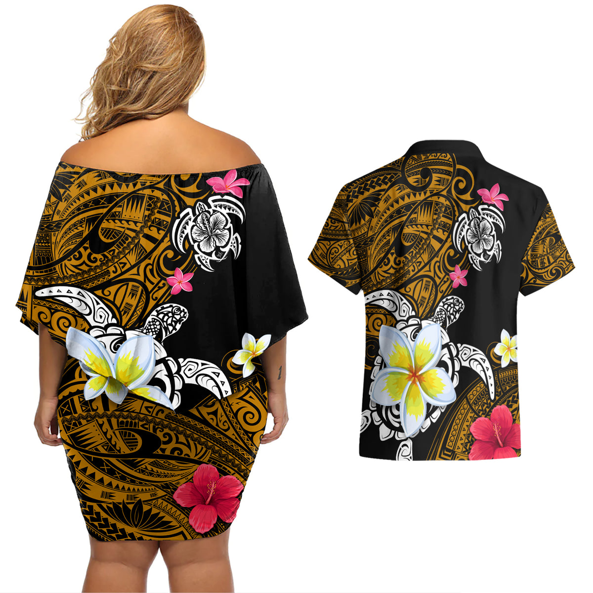 Hawaii Turtle and Tropical Flower Couples Matching Off Shoulder Short Dress and Hawaiian Shirt Polynesian Pattern