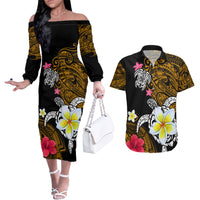 Hawaii Turtle and Tropical Flower Couples Matching Off The Shoulder Long Sleeve Dress and Hawaiian Shirt Polynesian Pattern