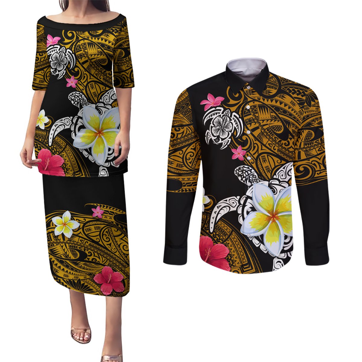 Hawaii Turtle and Tropical Flower Couples Matching Puletasi and Long Sleeve Button Shirt Polynesian Pattern