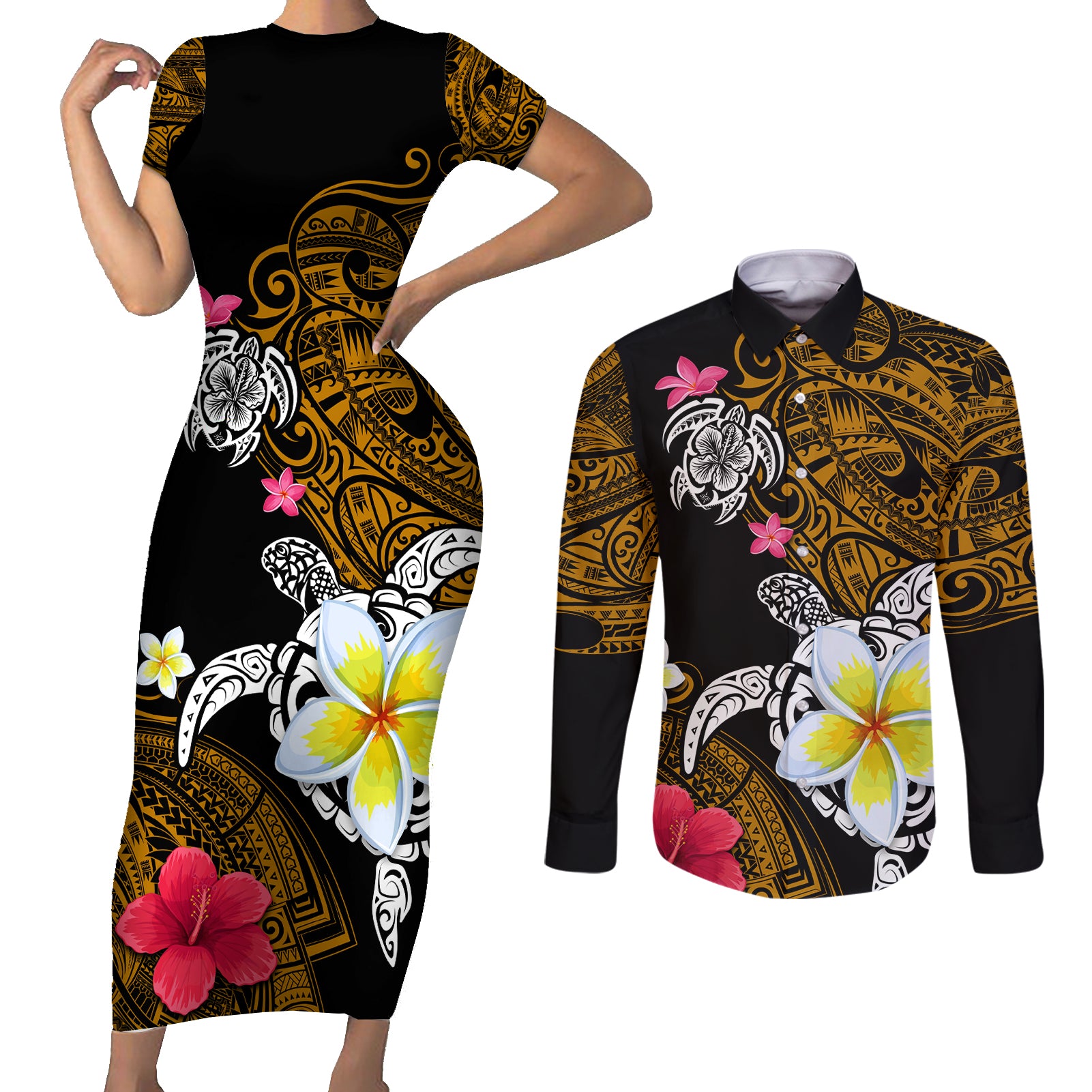 Hawaii Turtle and Tropical Flower Couples Matching Short Sleeve Bodycon Dress and Long Sleeve Button Shirt Polynesian Pattern