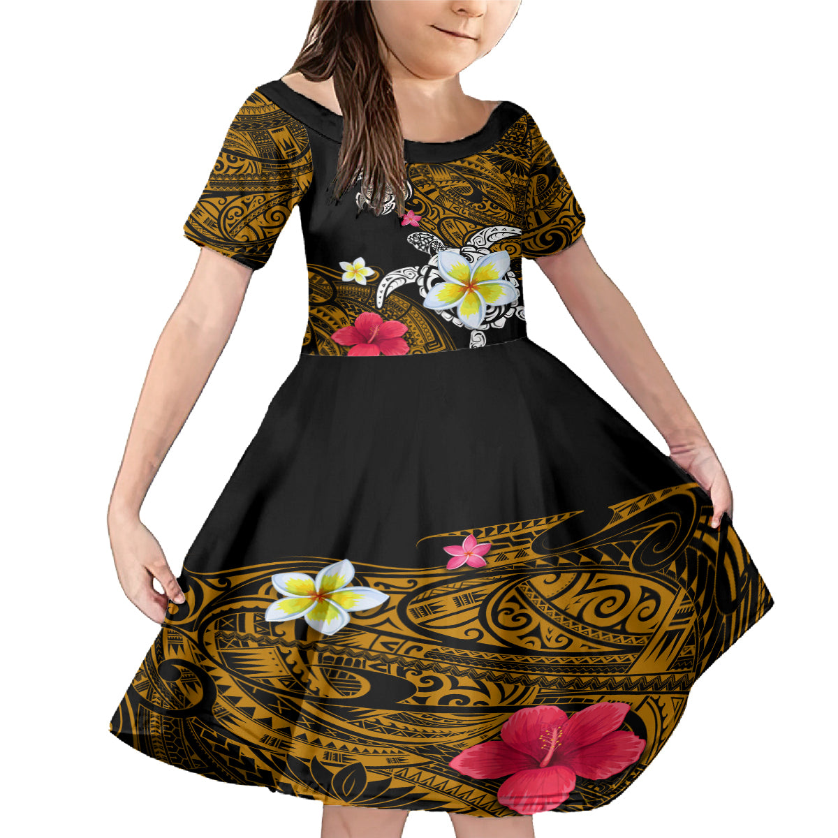 Hawaii Turtle and Tropical Flower Family Matching Mermaid Dress and Hawaiian Shirt Polynesian Pattern LT03 Daughter's Dress Black - Polynesian Pride