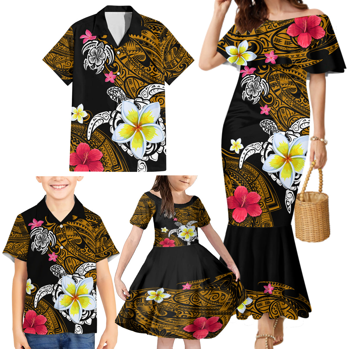 Hawaii Turtle and Tropical Flower Family Matching Mermaid Dress and Hawaiian Shirt Polynesian Pattern LT03 - Polynesian Pride