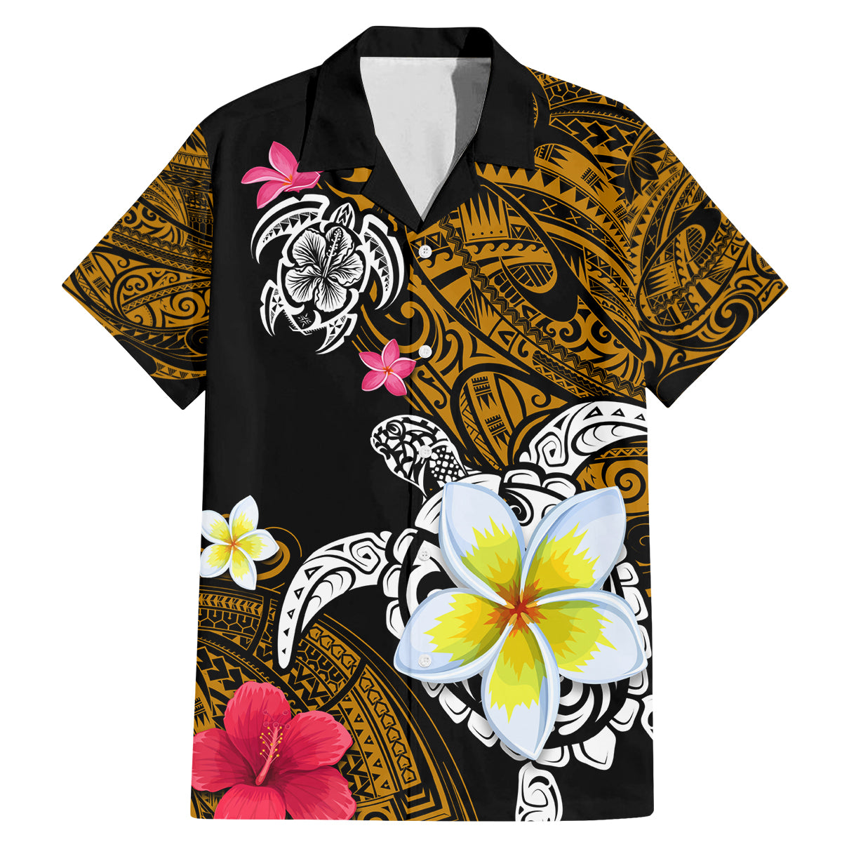 Hawaii Turtle and Tropical Flower Family Matching Mermaid Dress and Hawaiian Shirt Polynesian Pattern LT03 Dad's Shirt - Short Sleeve Black - Polynesian Pride