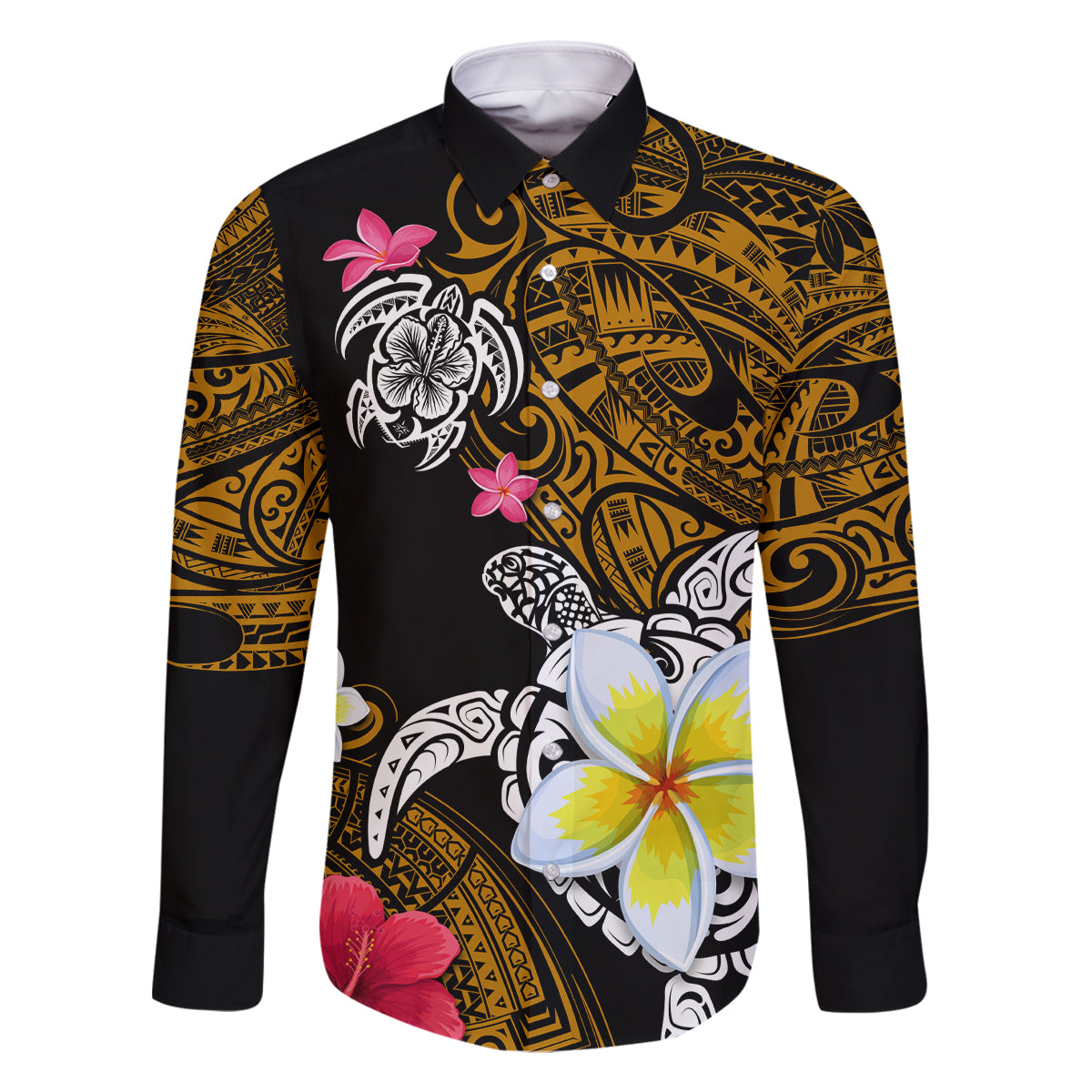 Hawaii Turtle and Tropical Flower Family Matching Mermaid Dress and Hawaiian Shirt Polynesian Pattern LT03 Dad's Shirt - Long Sleeve Black - Polynesian Pride