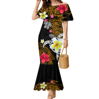 Hawaii Turtle and Tropical Flower Family Matching Mermaid Dress and Hawaiian Shirt Polynesian Pattern LT03 Mom's Dress Black - Polynesian Pride