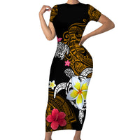 Hawaii Turtle and Tropical Flower Short Sleeve Bodycon Dress Polynesian Pattern LT03 Long Dress Black - Polynesian Pride