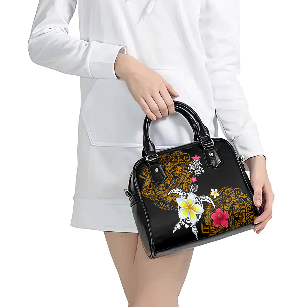 Hawaii Turtle and Tropical Flower Shoulder Handbag Polynesian Pattern