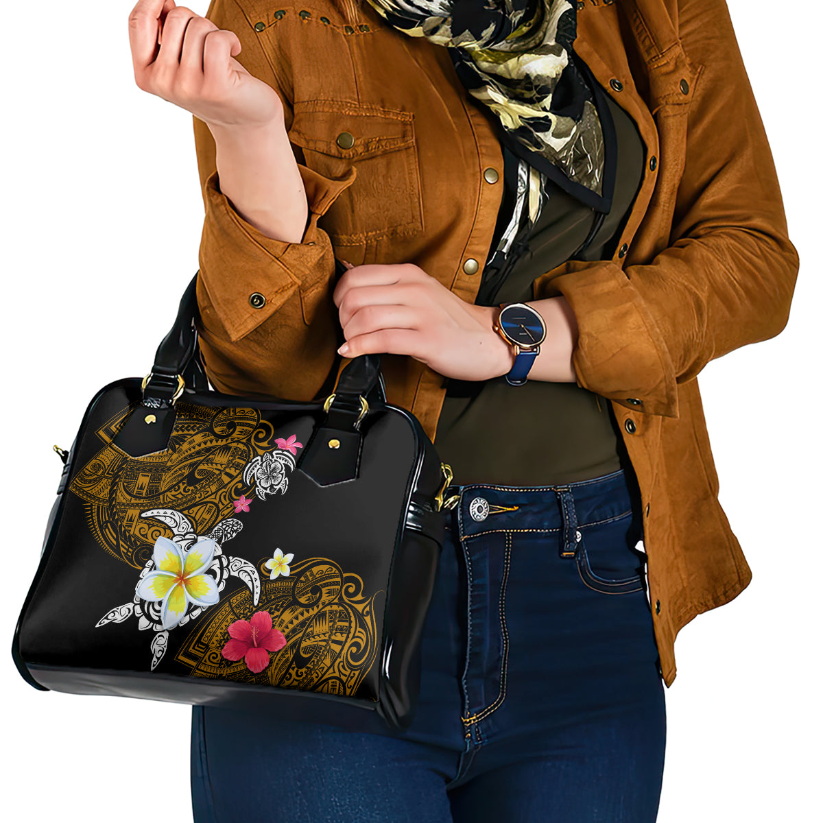 Hawaii Turtle and Tropical Flower Shoulder Handbag Polynesian Pattern