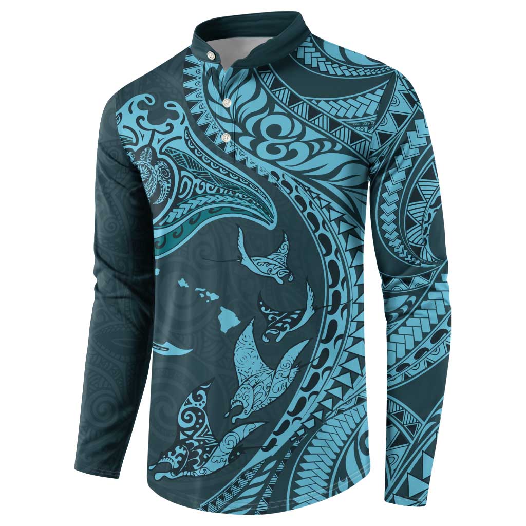 Hawaiian Manta Ray and Polynesian Tribal Tattoo Button Sweatshirt Turquoise Color LT03