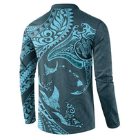 Hawaiian Manta Ray and Polynesian Tribal Tattoo Button Sweatshirt Turquoise Color LT03