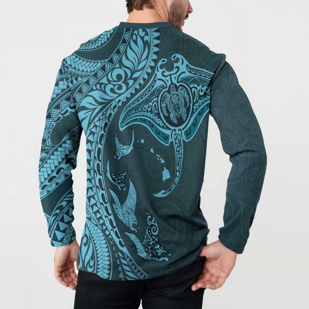 Hawaiian Manta Ray and Polynesian Tribal Tattoo Button Sweatshirt Turquoise Color LT03