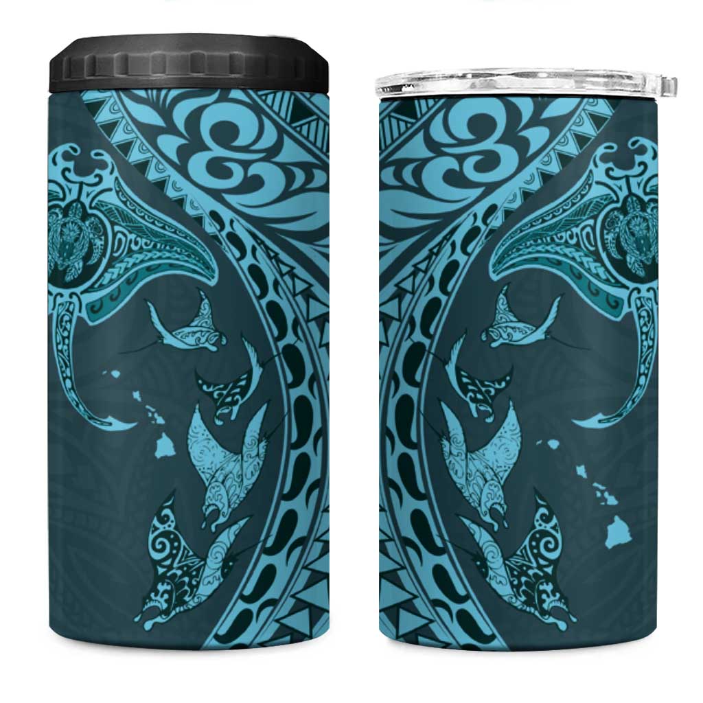 Hawaiian Manta Ray and Polynesian Tribal Tattoo 4 in 1 Can Cooler Tumbler Turquoise Color LT03 One Size: 16 oz Turquoise - Polynesian Pride