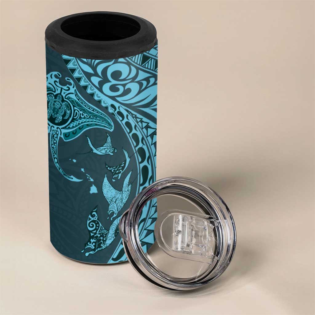 Hawaiian Manta Ray and Polynesian Tribal Tattoo 4 in 1 Can Cooler Tumbler Turquoise Color LT03 - Polynesian Pride