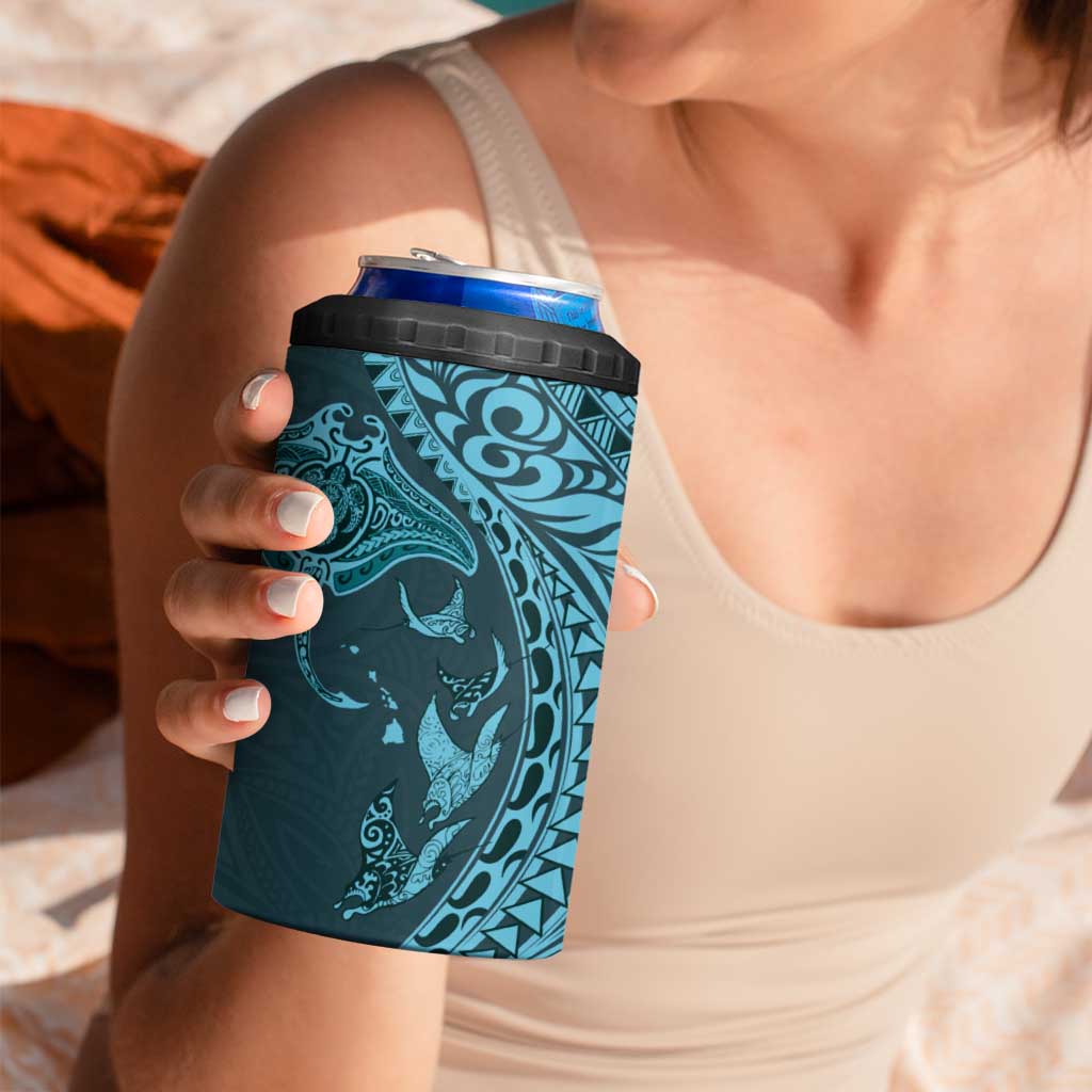 Hawaiian Manta Ray and Polynesian Tribal Tattoo 4 in 1 Can Cooler Tumbler Turquoise Color LT03 - Polynesian Pride