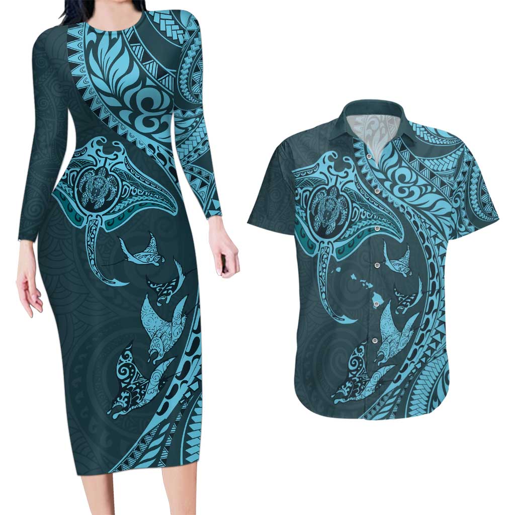 Hawaiian Manta Ray and Polynesian Tribal Tattoo Couples Matching Long Sleeve Bodycon Dress and Hawaiian Shirt Turquoise Color LT03 Turquoise - Polynesian Pride