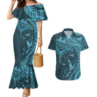 Hawaiian Manta Ray and Polynesian Tribal Tattoo Couples Matching Mermaid Dress and Hawaiian Shirt Turquoise Color LT03 Turquoise - Polynesian Pride